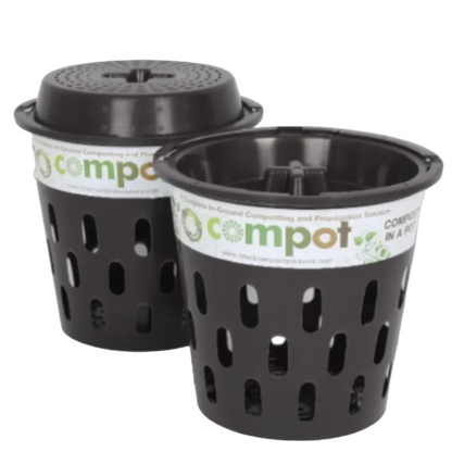 Pack of 2 Compot 5L in-ground compost bins made from recycled plastic with secure locking lids for garden waste breakdown