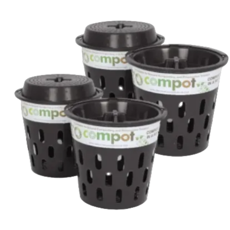 Pack of 4 Compot 5L in-ground compost bins made from recycled plastic with secure locking lids for garden waste breakdown.