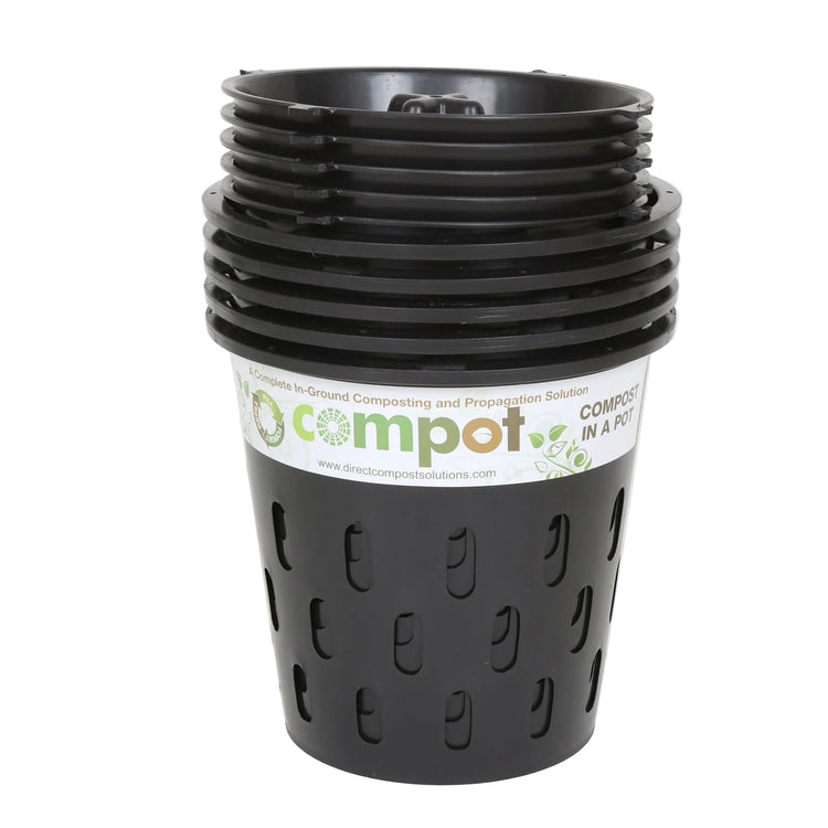 Pack of 5 Compot 5L in-ground compost bins made from recycled plastic with secure locking lids for garden waste breakdown.