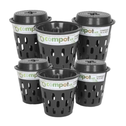Pack of 6 Compot 5L in-ground compost bins made from recycled plastic with secure locking lids for garden waste breakdown.