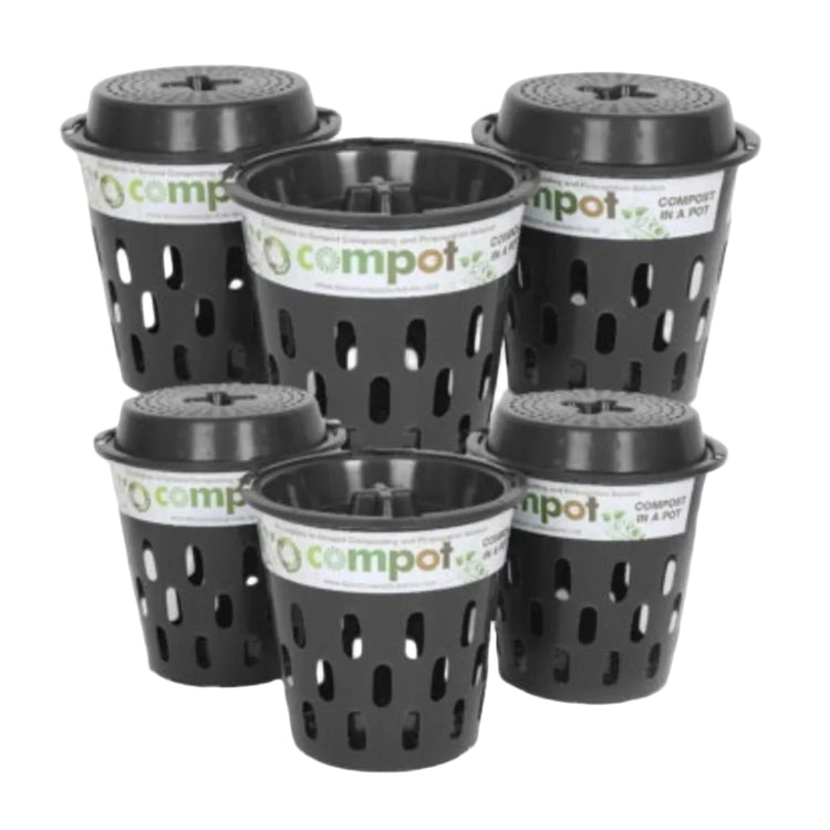 Pack of 6 Compot 5L in-ground compost bins made from recycled plastic with secure locking lids for garden waste breakdown.