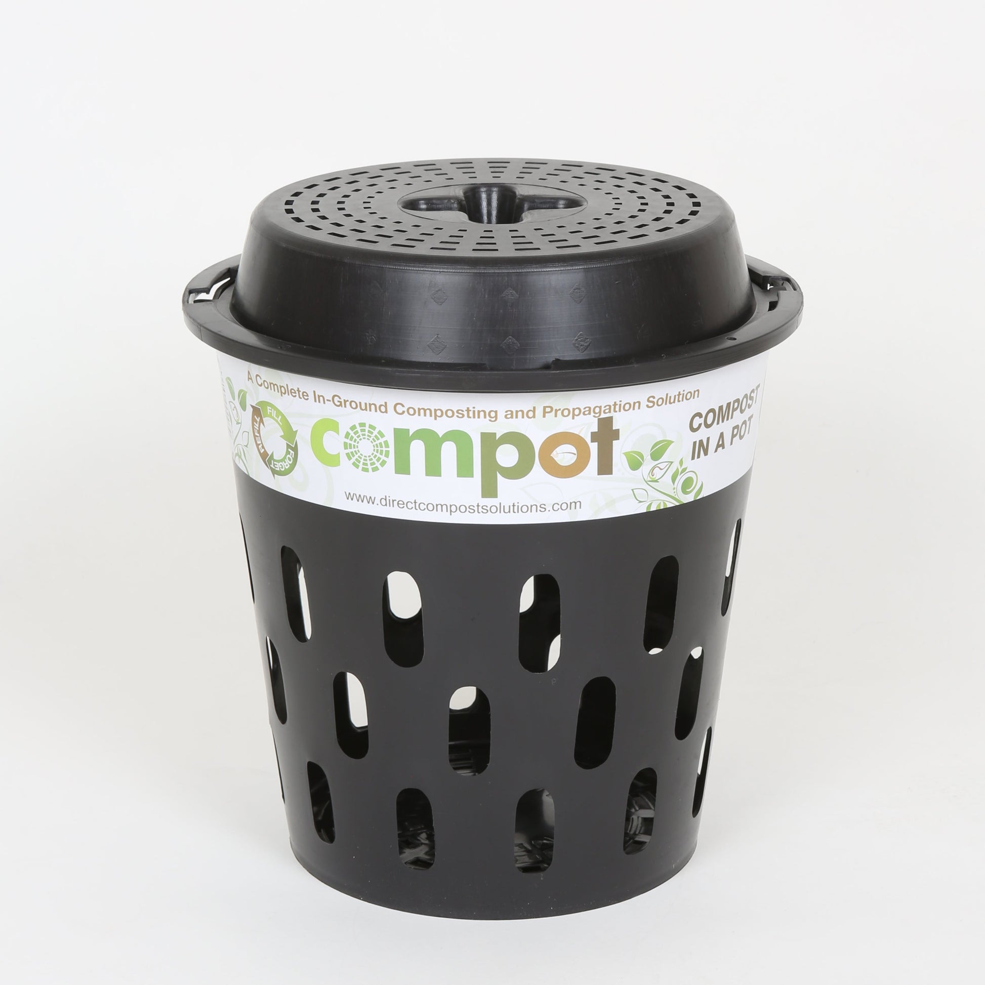 Single Compot 5L in-ground compost bin made from recycled plastic with secure locking lid close up.