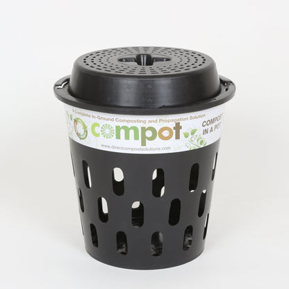 Single Compot 5L in-ground compost bin made from recycled plastic with secure locking lid close up.
