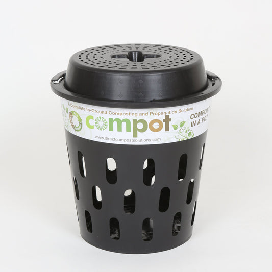 Single Compot 5L in-ground compost bin made from recycled plastic with secure locking lid close up.