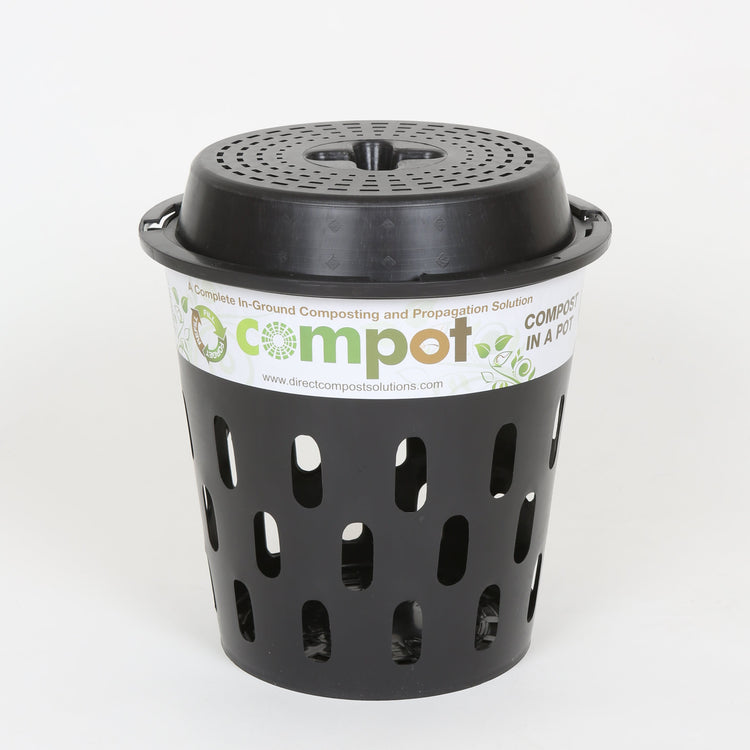 Single Compot 5L in-ground compost bin made from recycled plastic with secure locking lid close up.