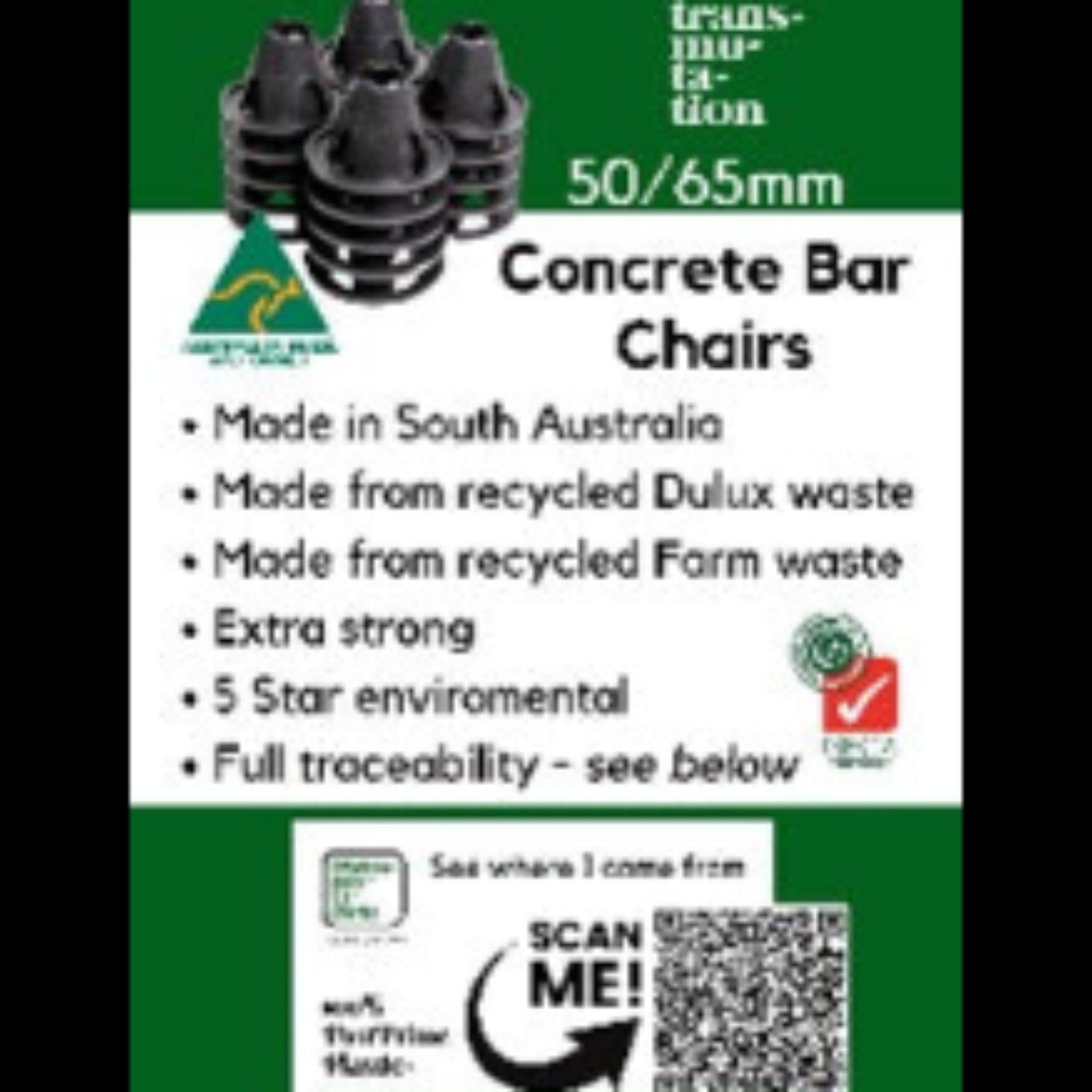 Sustainable concrete rebar chairs made from 100% recycled Dulux powder coating waste, compliant with AS2425 structural reinforcement standards infographic showing key features.
