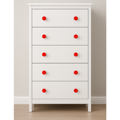 Upcycler round recycled plastic knobs installed on a modern renovated timber chest of drawers for a sustainable interior design update.