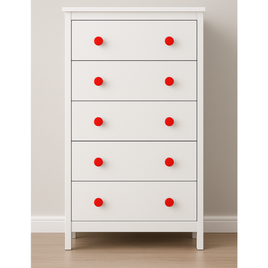 Upcycler round recycled plastic knobs installed on a modern renovated timber chest of drawers for a sustainable interior design update.