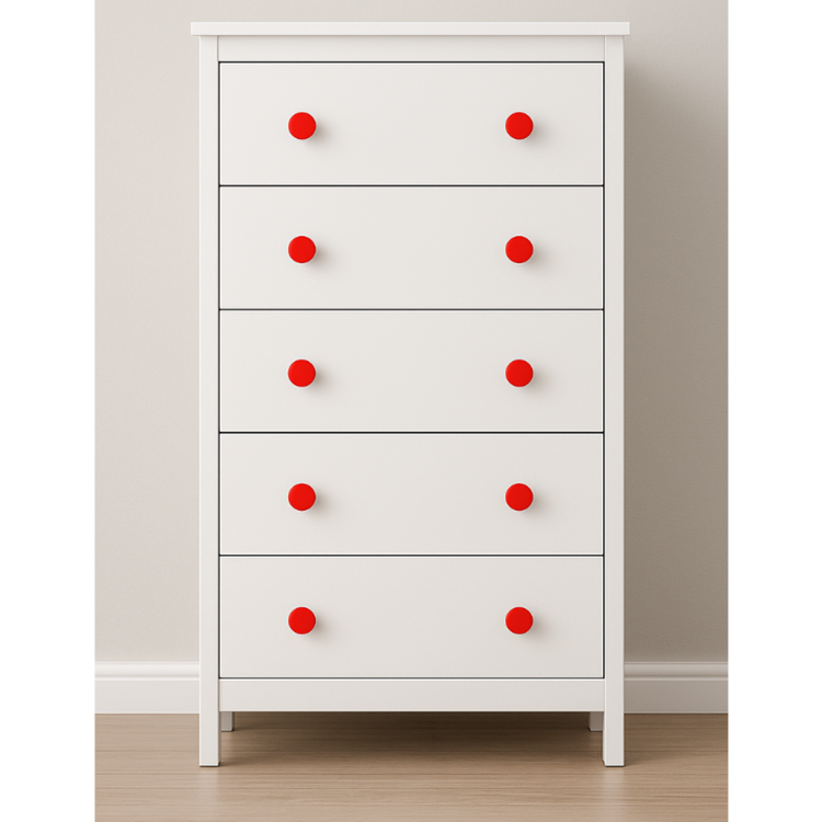 Upcycler round recycled plastic knobs installed on a modern renovated timber chest of drawers for a sustainable interior design update.