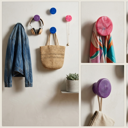 Upcycler round recycled plastic wall hooks mounted on a wall holding coats, scarves and bags for a sustainable home entry organization.