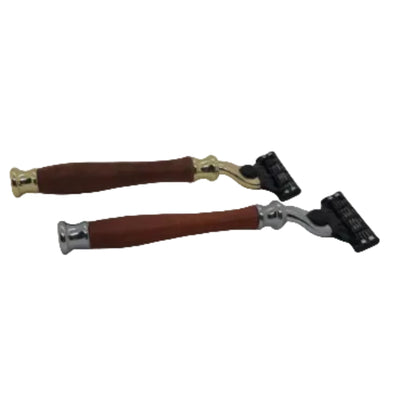 Two premium hand-turned recycled timber handled Gillette Mach III razors with high-quality metal fittings, both variations, handcrafted in Australia by Lyons Woodturning.
