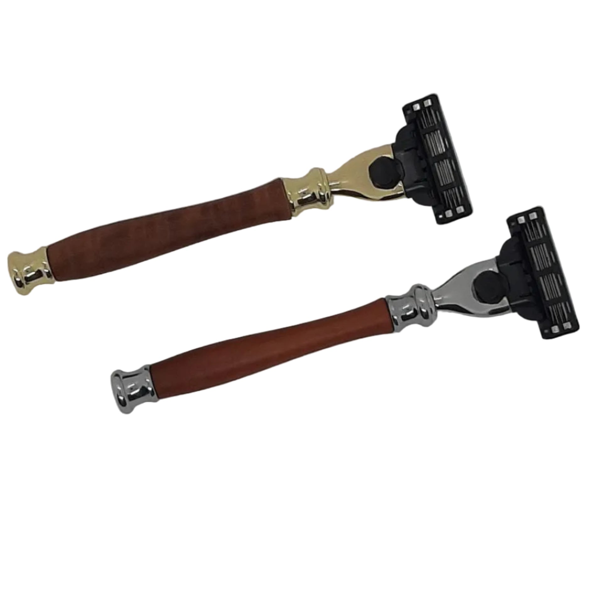 Two premium hand-turned recycled timber handled Gillette Mach III razors with high-quality metal fittings, in both variations, handcrafted in Australia by Lyons Woodturning.