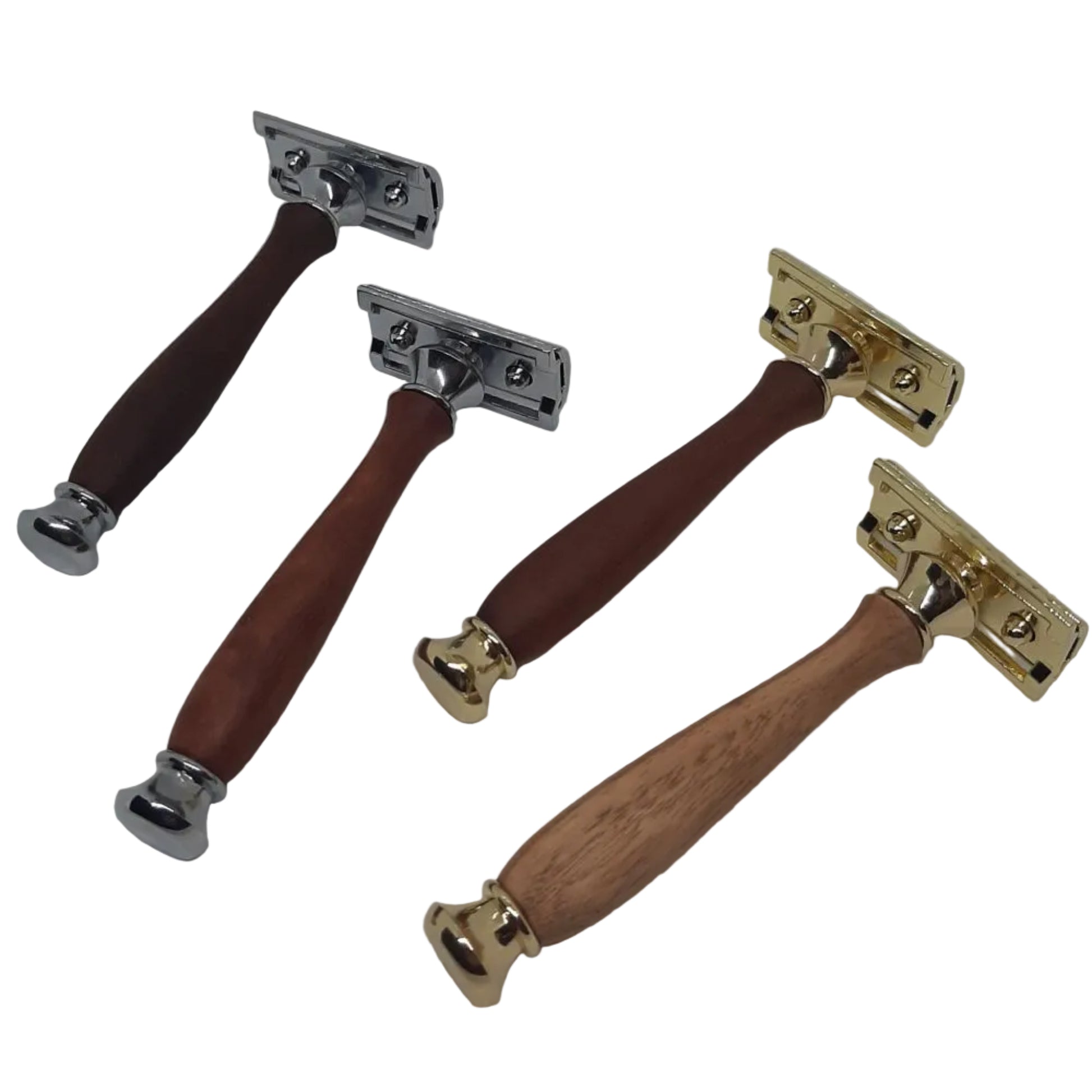 4 premium hand-turned recycled timber handled safety razors with high-quality metal fittings, showing variations, handcrafted in Australia by Lyons Woodturning.