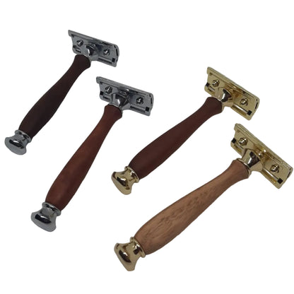 4 premium hand-turned recycled timber handled safety razors with high-quality metal fittings, showing variations, handcrafted in Australia by Lyons Woodturning.