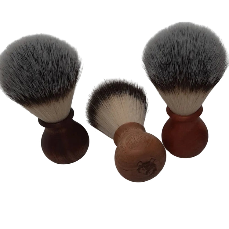 Three premium hand-turned recycled timber shave brushes with soft nylon bristles, handcrafted in Australia by Lyons Woodturning, showing colour variations.