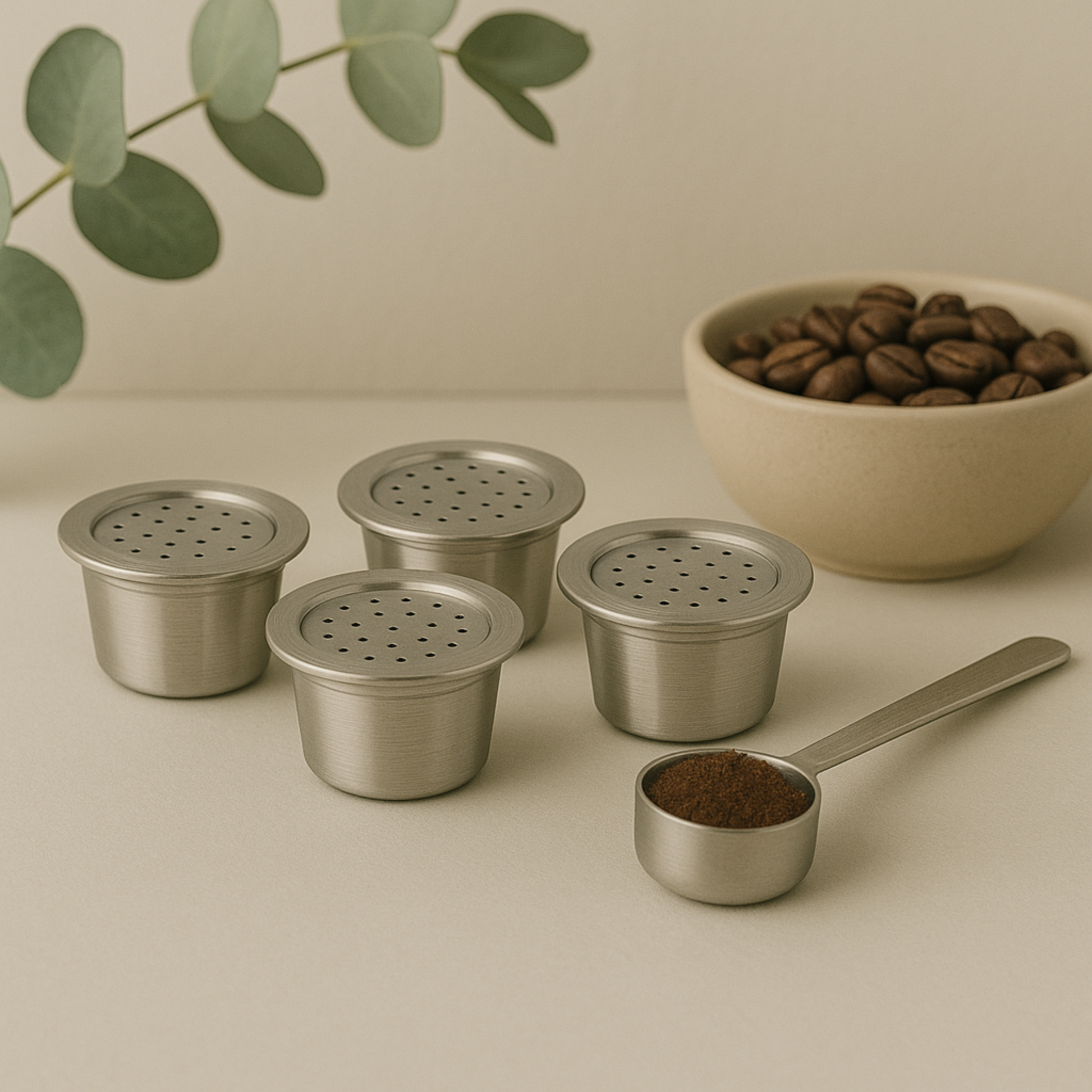 Four eco-friendly reusable stainless steel espresso capsules arranged on a kitchen countertop with scoop and bowl of coffee beans.