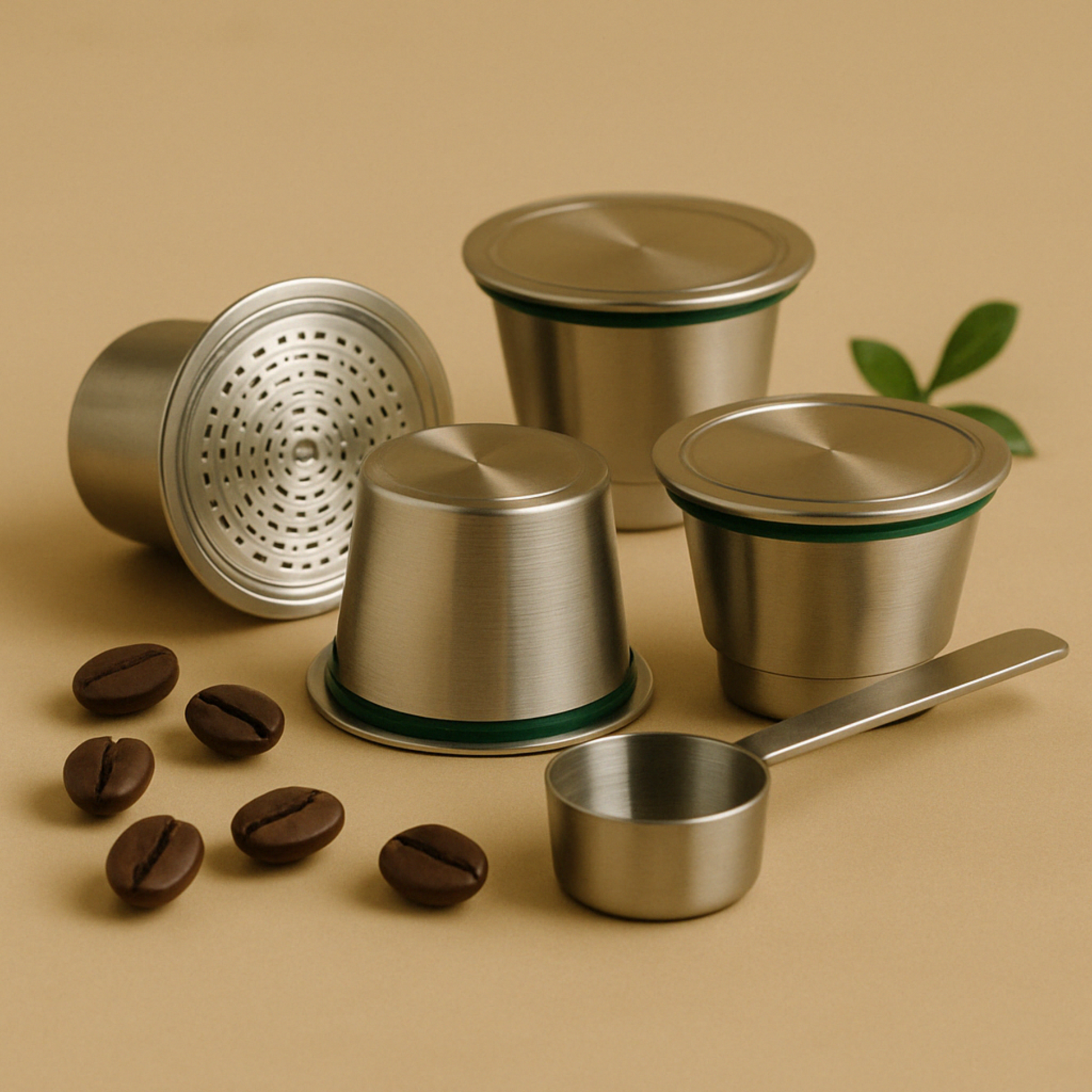 Four eco-friendly reusable stainless steel espresso capsules with a scoop and coffee beans on a beige background.