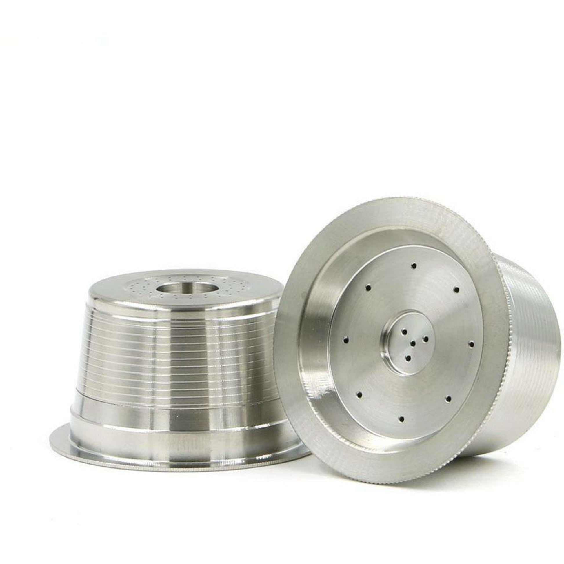 Two marine-grade 316L stainless steel reusable coffee capsules for Aldi K-fee, Caffitaly, and Verismo pod espresso machines.