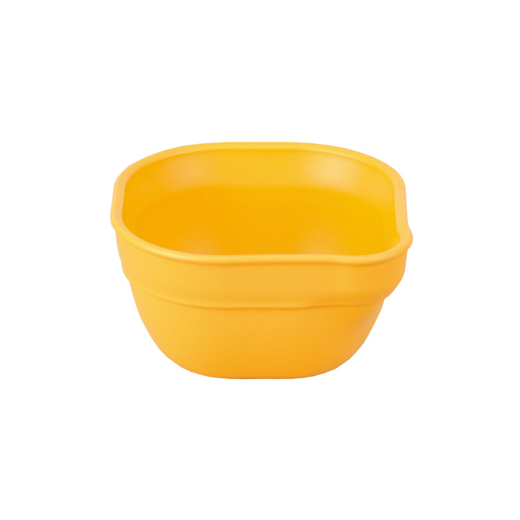 Single Re Play recycled plastic dip and pour bowl featuring an integrated pouring spout on a clean white background, available in Australia in sunny yellow.