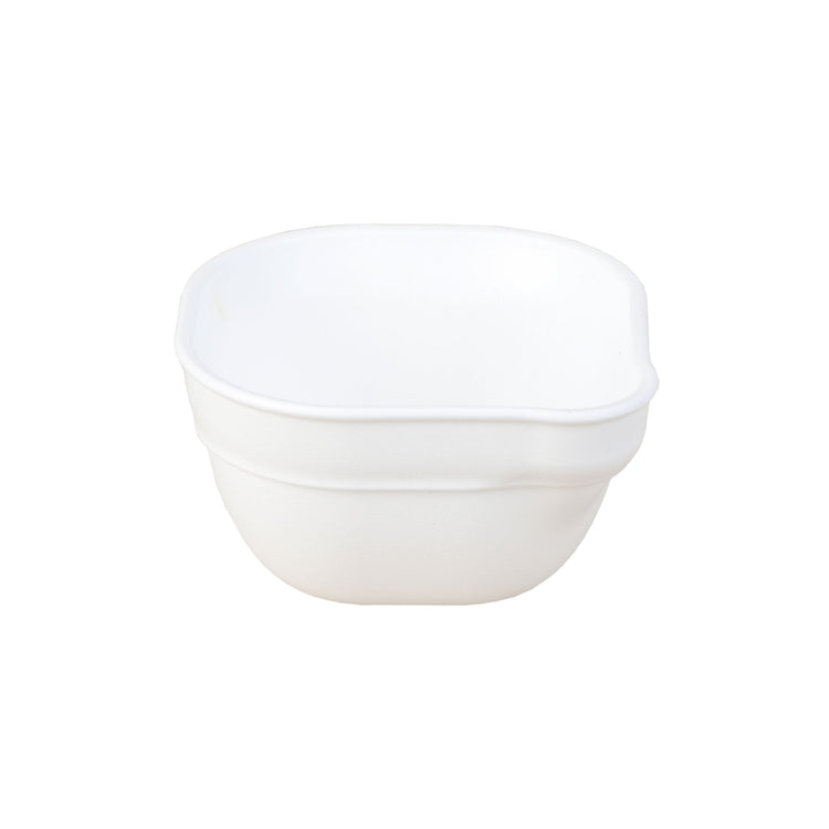 Single Re Play recycled plastic dip and pour bowl featuring an integrated pouring spout on a clean white background, available in Australia in white.