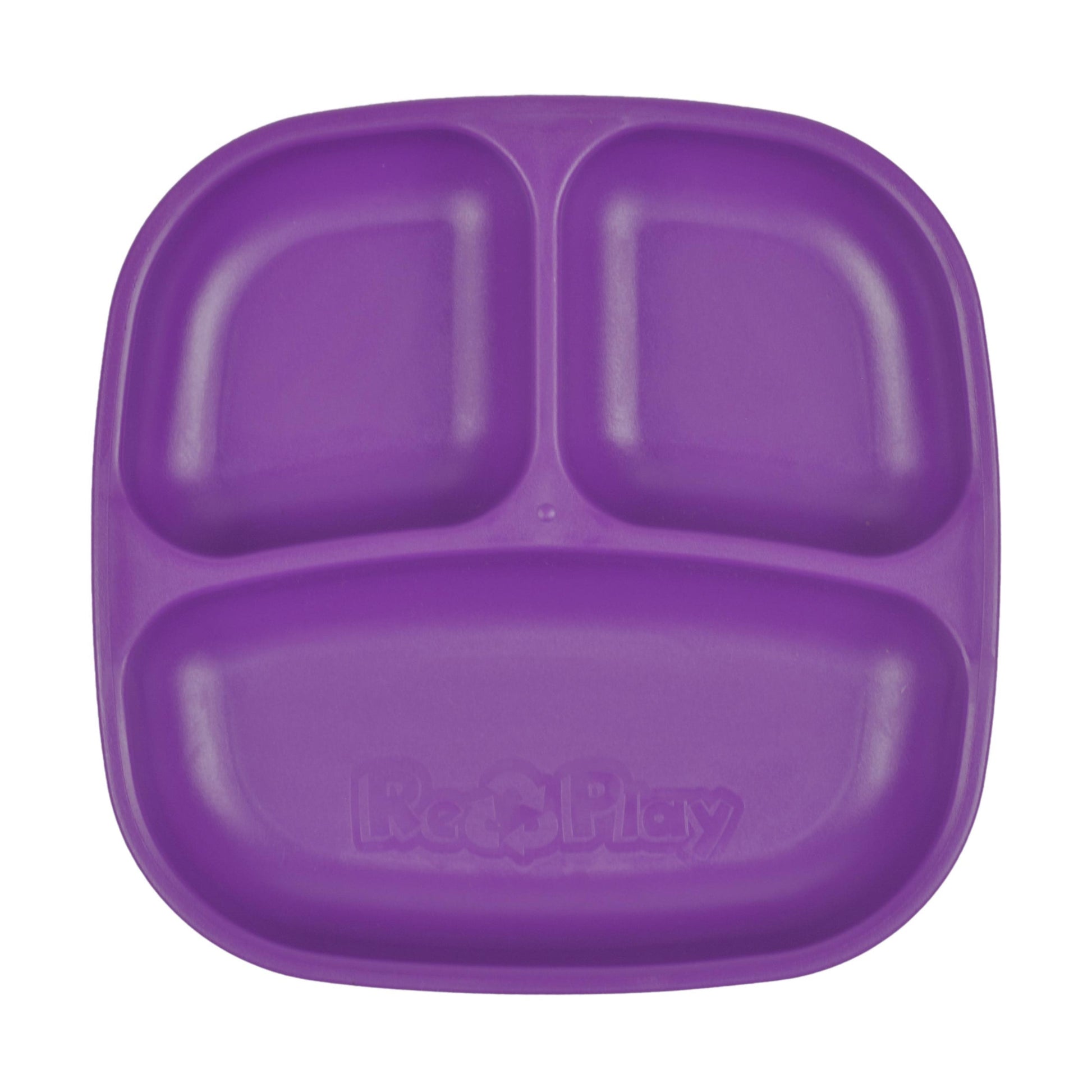 Single Re Play recycled plastic three section divided toddler plate with deep walls on a clean white background, available in Australia in Amethyst.