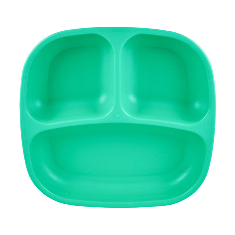 Single Re Play recycled plastic three section divided toddler plate with deep walls on a clean white background, available in Australia in Aqua.