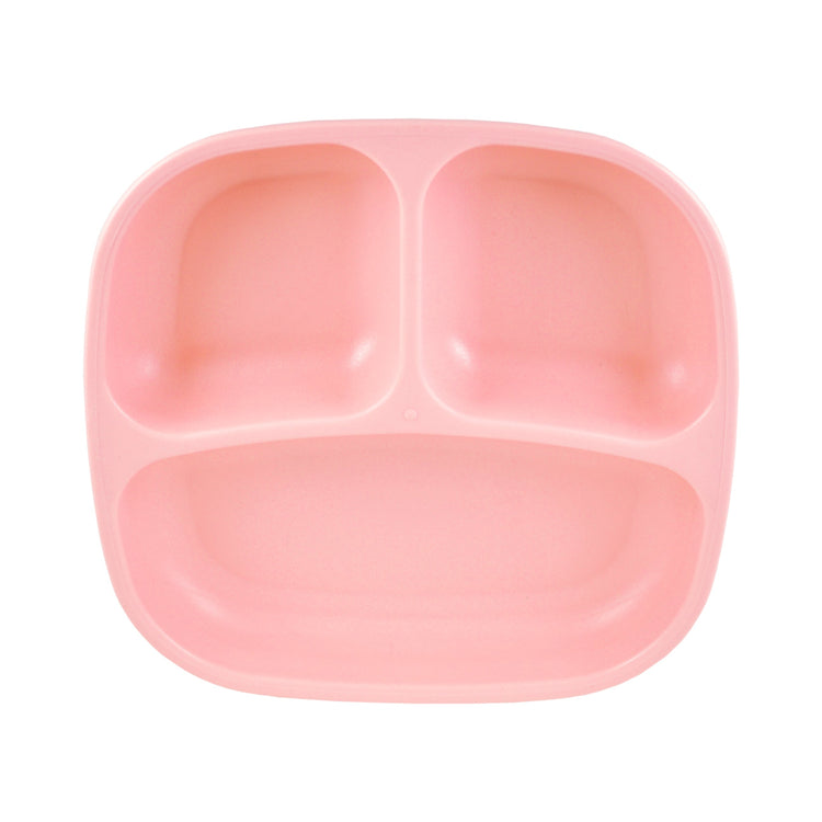 Single Re Play recycled plastic three section divided toddler plate with deep walls on a clean white background, available in Australia in Baby Pink.