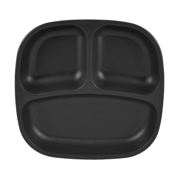 Single Re Play recycled plastic three section divided toddler plate with deep walls on a clean white background, available in Australia in black.