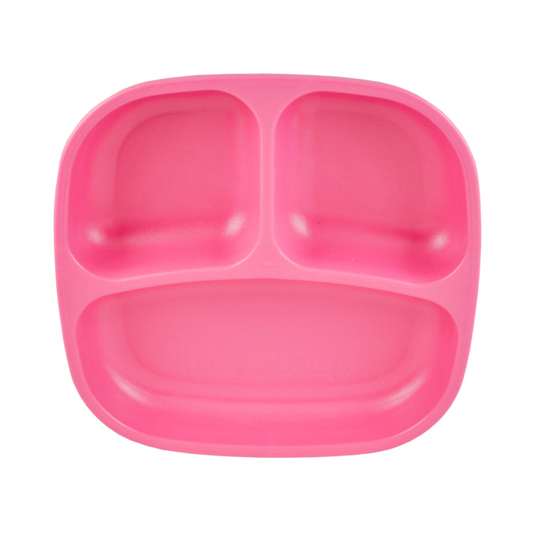 Single Re Play recycled plastic three section divided toddler plate with deep walls on a clean white background, available in Australia in Bright Pink.
