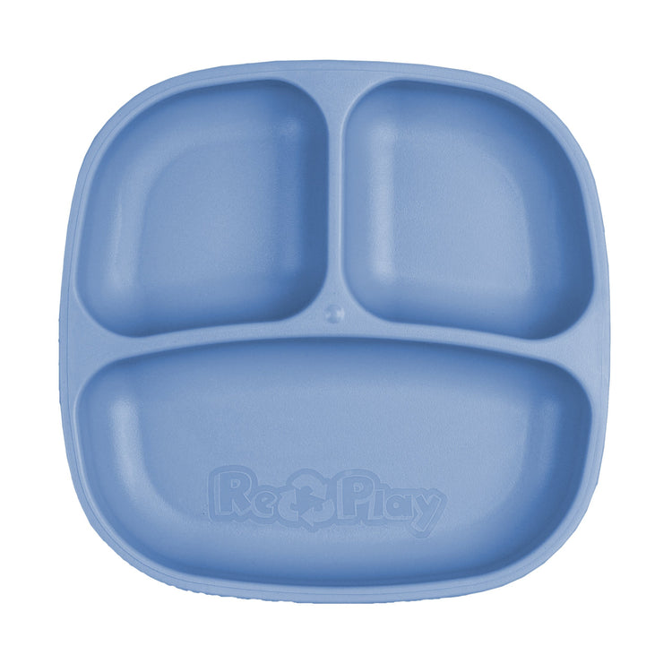 Single Re Play recycled plastic three section divided toddler plate with deep walls on a clean white background, available in Australia in Denim.