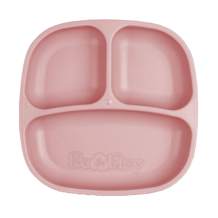 Single Re Play recycled plastic three section divided toddler plate with deep walls on a clean white background, available in Australia in Desert.