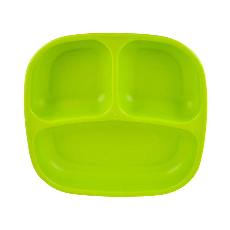 Single Re Play recycled plastic three section divided toddler plate with deep walls on a clean white background, available in Australia in green.