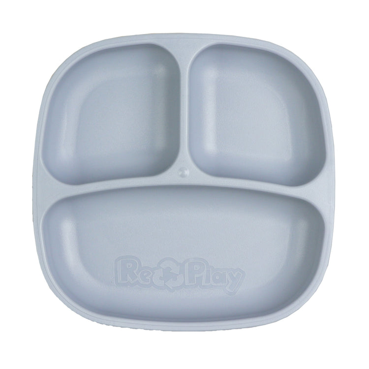 Single Re Play recycled plastic three section divided toddler plate with deep walls on a clean white background, available in Australia in Grey.