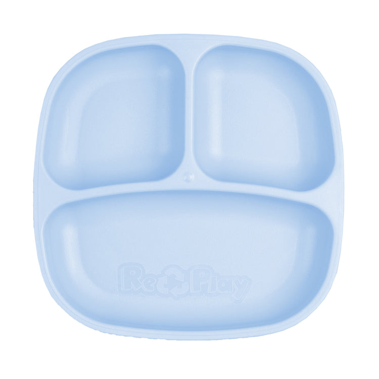 Single Re Play recycled plastic three section divided toddler plate with deep walls on a clean white background, available in Australia in Ice Blue.