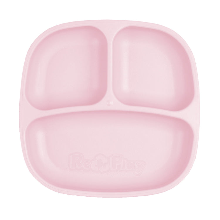 Single Re Play recycled plastic three section divided toddler plate with deep walls on a clean white background, available in Australia in Ice Pink.