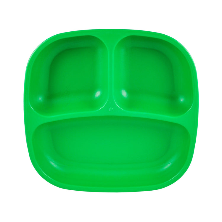 Single Re Play recycled plastic three section divided toddler plate with deep walls on a clean white background, available in Australia in Kelly Green.