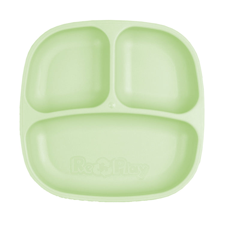Single Re Play recycled plastic three section divided toddler plate with deep walls on a clean white background, available in Australia in leaf.