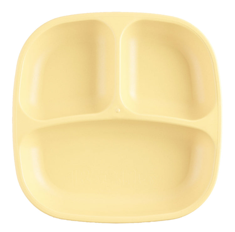 Single Re Play recycled plastic three section divided toddler plate with deep walls on a clean white background, available in Australia in lemon drop.
