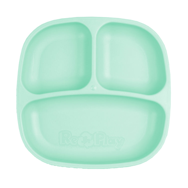 Single Re Play recycled plastic three section divided toddler plate with deep walls on a clean white background, available in Australia in mint.
