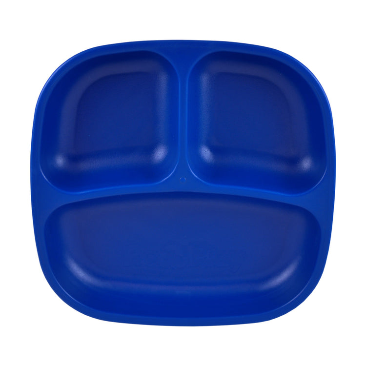 Single Re Play recycled plastic three section divided toddler plate with deep walls on a clean white background, available in Australia in navy blue.