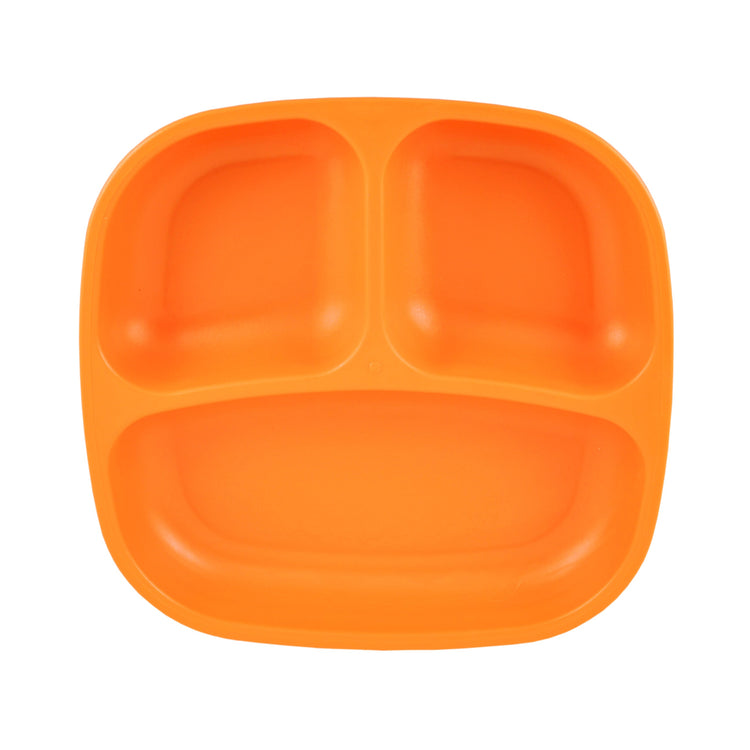 Single Re Play recycled plastic three section divided toddler plate with deep walls on a clean white background, available in Australia in orange