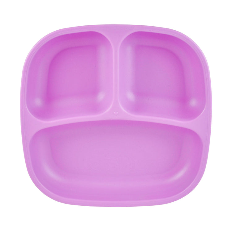 Single Re Play recycled plastic three section divided toddler plate with deep walls on a clean white background, available in Australia in purple.