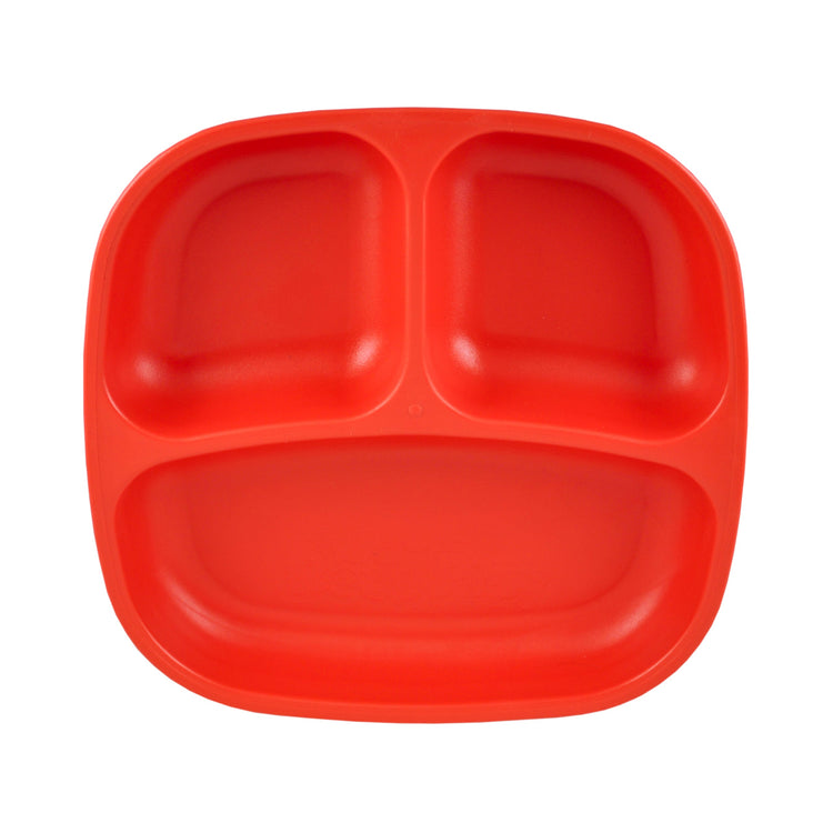 Single Re Play recycled plastic three section divided toddler plate with deep walls on a clean white background, available in Australia in red.