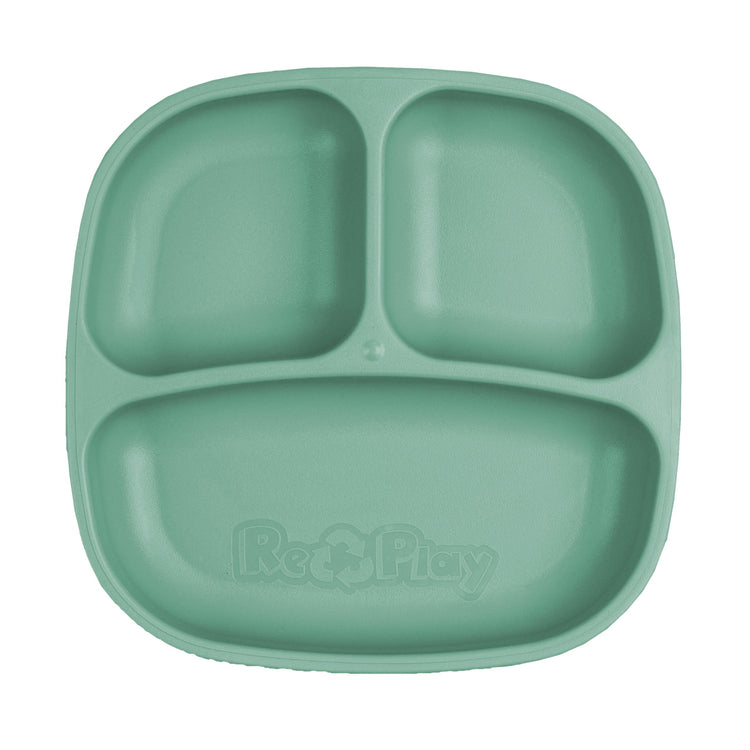 Single Re Play recycled plastic three section divided toddler plate with deep walls on a clean white background, available in Australia in sage.