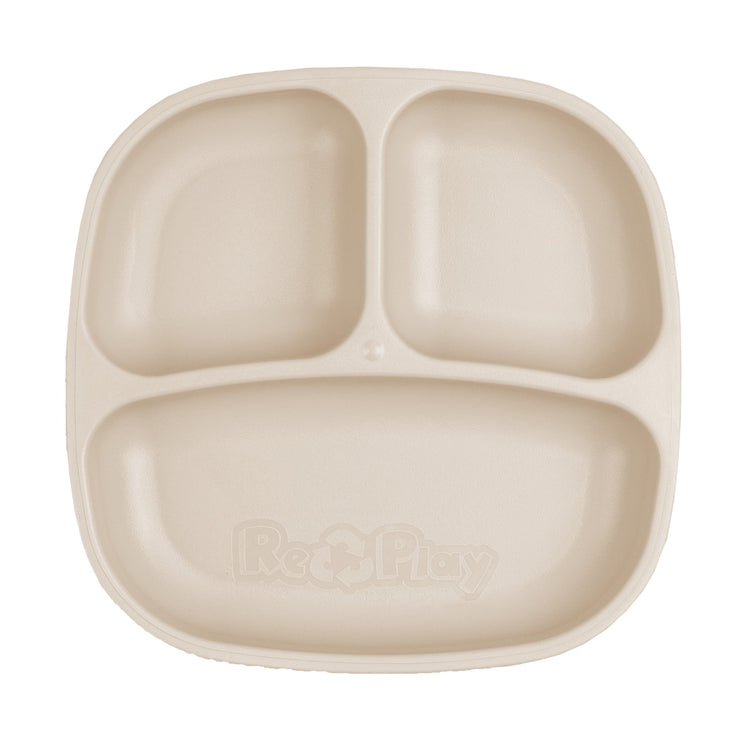 Single Re Play recycled plastic three section divided toddler plate with deep walls on a clean white background, available in Australia in sand.