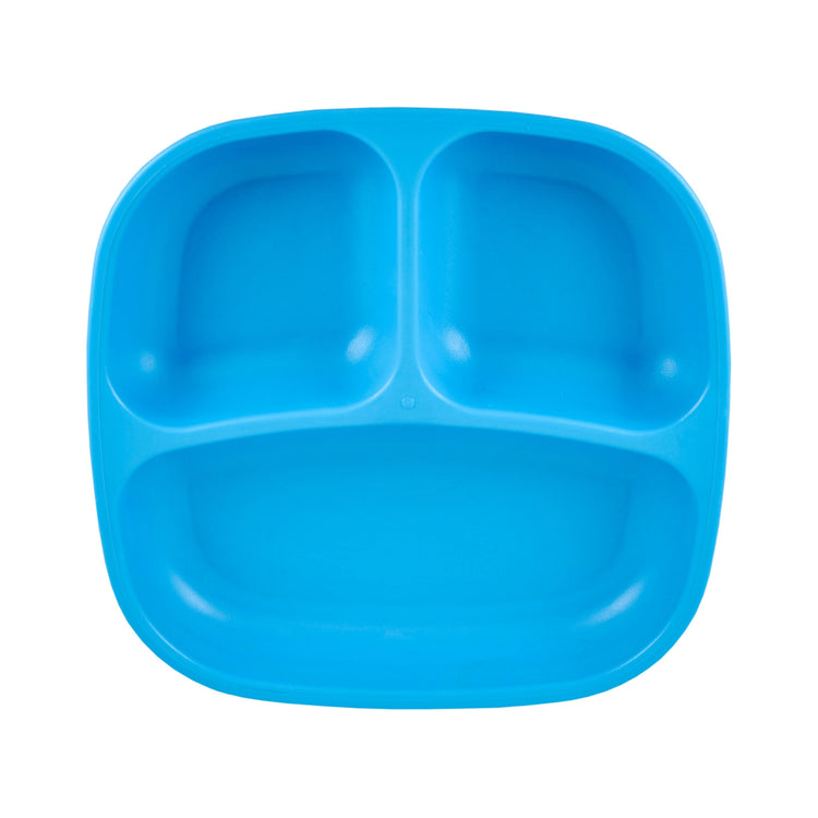 Single Re Play recycled plastic three section divided toddler plate with deep walls on a clean white background, available in Australia in sky blue.