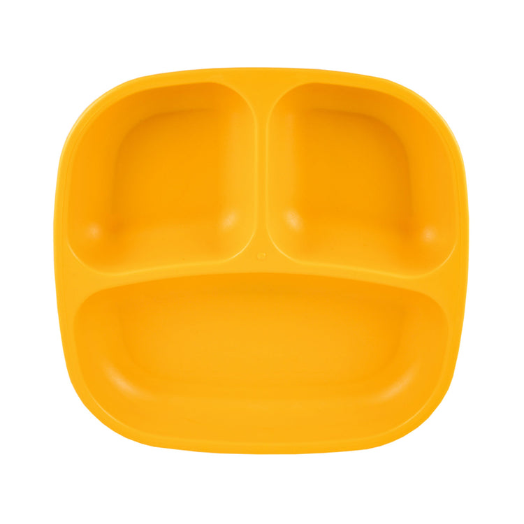 Single Re Play recycled plastic three section divided toddler plate with deep walls on a clean white background, available in Australia in sunny yellow.