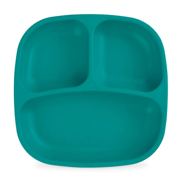 Single Re Play recycled plastic three section divided toddler plate with deep walls on a clean white background, available in Australia in teal.