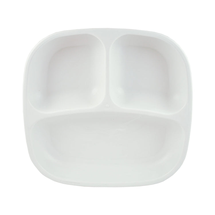 Single Re Play recycled plastic three section divided toddler plate with deep walls on a clean white background, available in Australia in white.