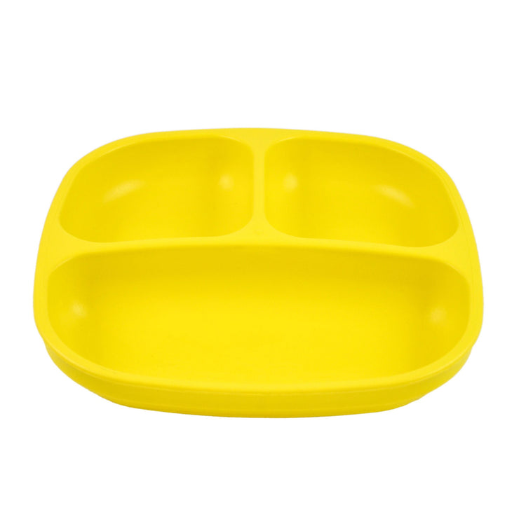 Single Re Play recycled plastic three section divided toddler plate with deep walls on a clean white background, available in Australia in yellow.